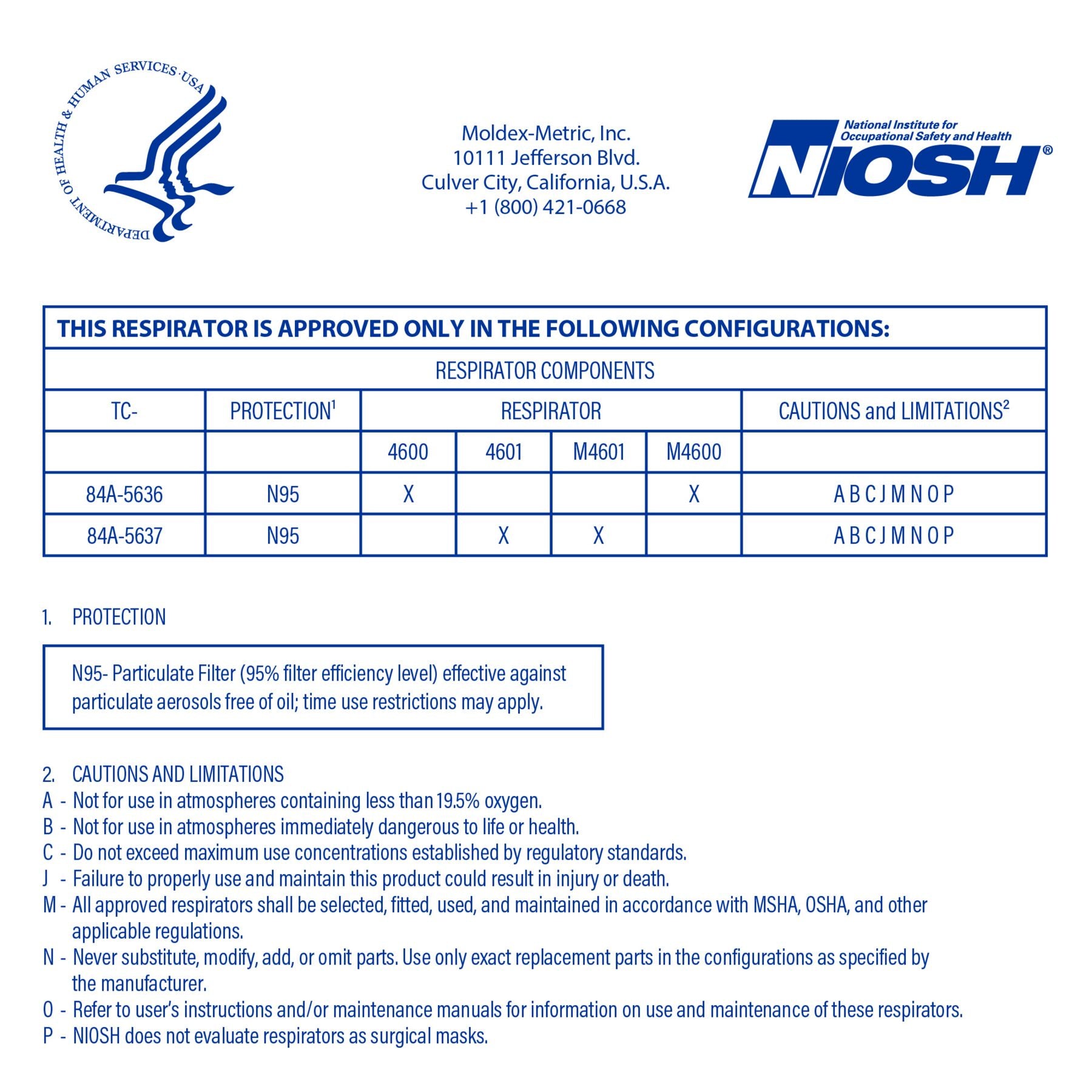 Moldex 4600 4601 M4601 M4600 NIOSH N95 Listing