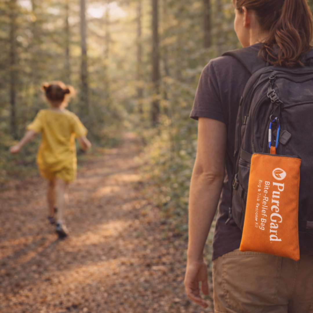 Pure gard Bite Relief bag - lifestyle photo - going for walk in the woods and prepared for ticks and mosquitos